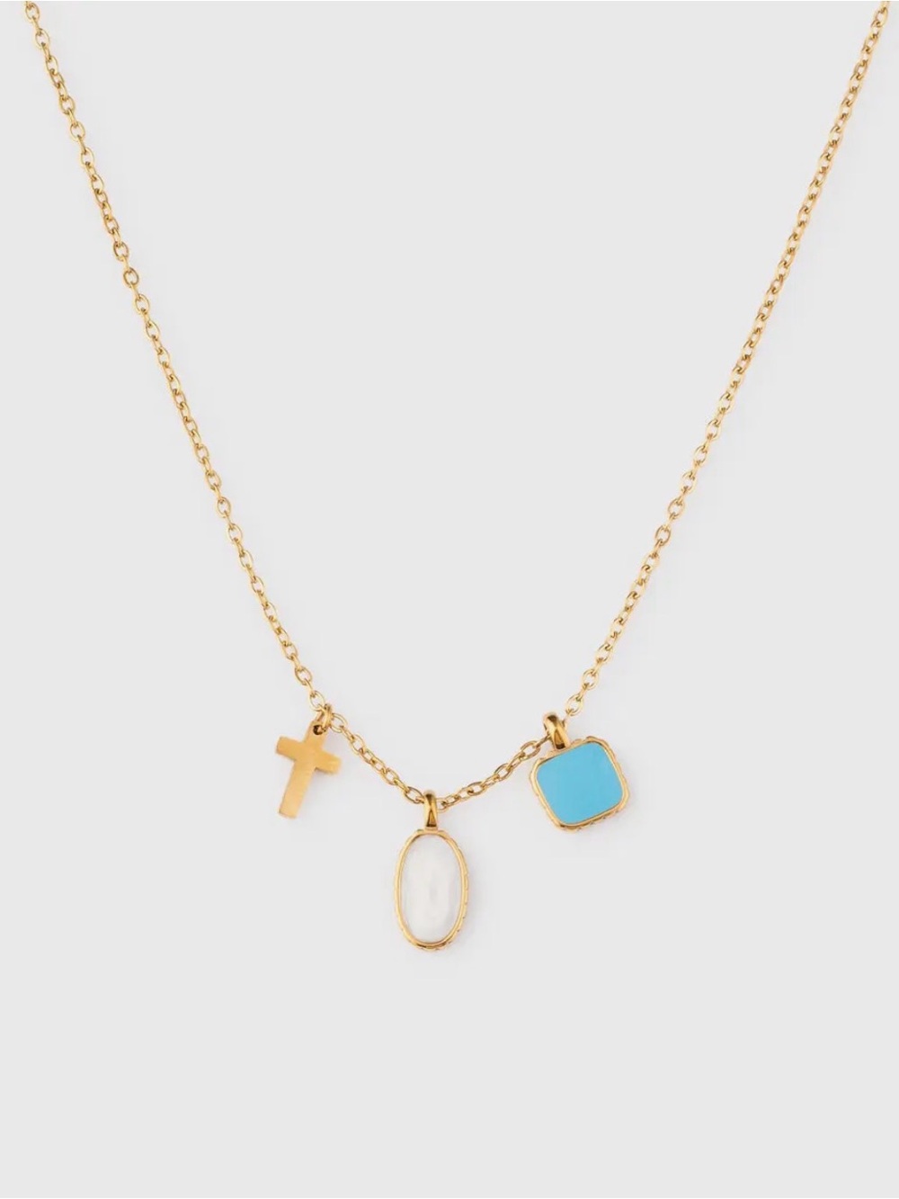 Gold Charm Necklace with Turquoise and White Stone